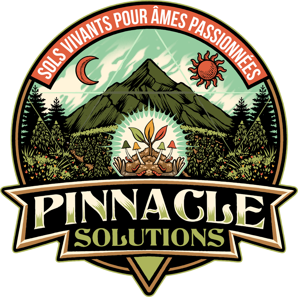 Le sceau de Pinnacle Solutions : la devise « Sols vivants pour âmes passionnées », la montagne, le soleil et la lune, les sapins, le champ, la pousse aux trois feuilles, la motte de terre, les vers et les champignons, les mains, le triangle vert.